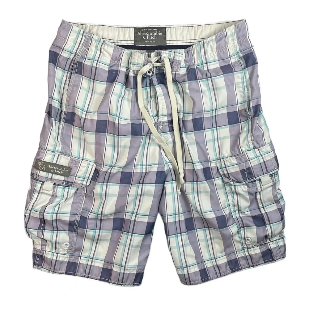 SH623 Mens Abercrombie & Fitch AF Lined Cargo Plaid Swim Trunks XL